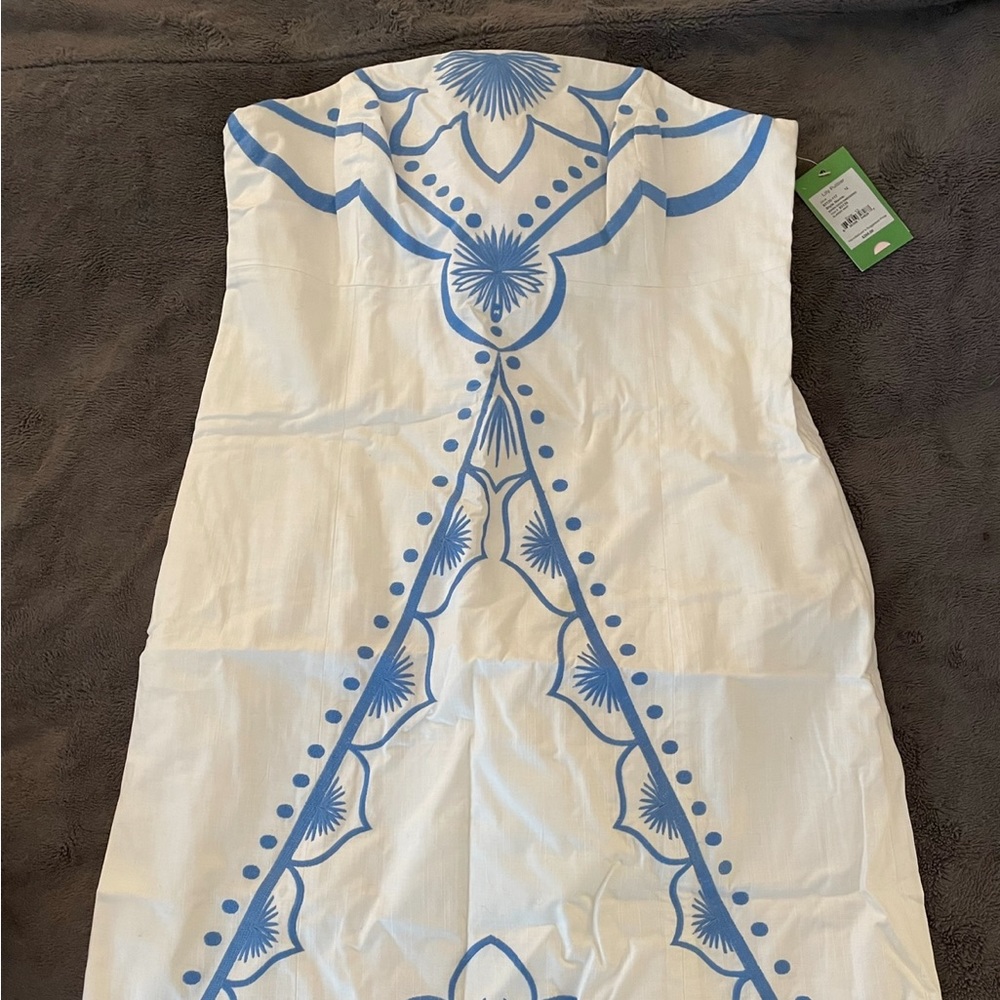 Lilly Pulitzer strapless white dress blue embroidery